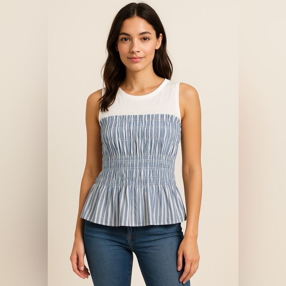 Mystree Women’s Blue White Striped Smocked Peplum Tank Top Sleeveless Cotton S